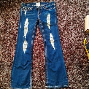 LA IDOL dark wash denim. Destructed with Clear Rhinestone Buttons. Size 11